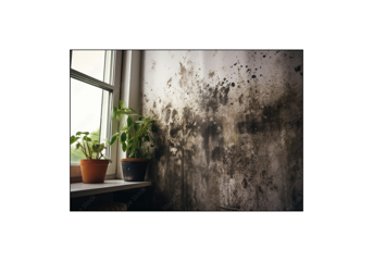 A wall and window that is covered in mould
