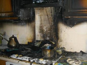 A kitchen destroyed by fire