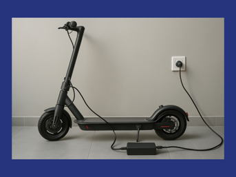 An e-scooter that is plugged in and charging