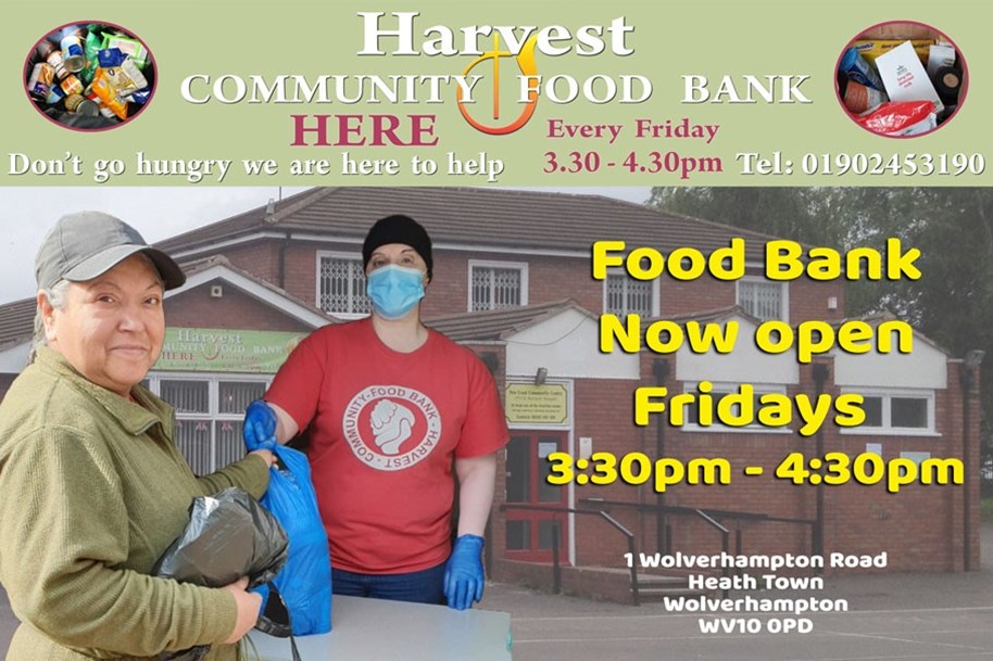 Harvest Community Food Bank - Every Friday 3:30pm until 4:30pm, now open Fridays. Please call 01902 453190. 1 Wolverhampton Road, Heath Town, Wolverhampton, WV10 0PD. Don't go hungry we are here to help.