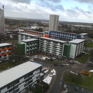 Overhead photo of Heath Town, showing some refurbished blocks