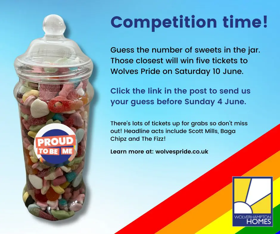 Competition graphic showing a jar of sweets and details of a Pride ticket giveaway
