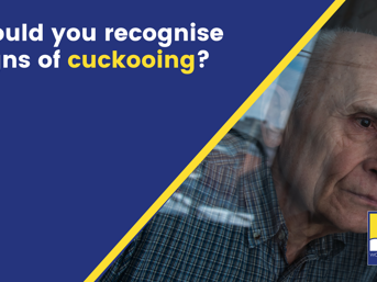 A worried elderly man looks out of a window - with the words would you recognise the signs of cuckooing?