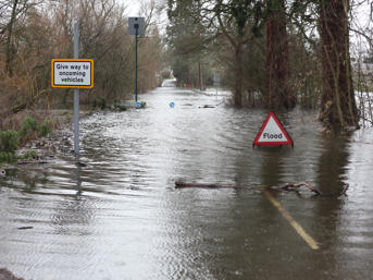 A photo of a country road that is flooded