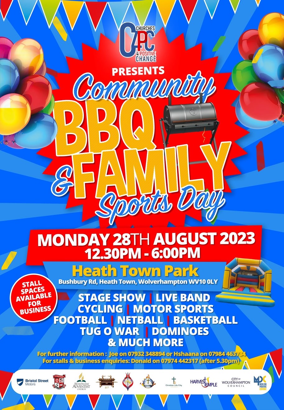 Community BBQ and Family Sports Day, Monday 28 August 2023, 12:30pm - 6:00pm, Heath Town Park, Bushbury Road, Heath Town, Wolverhampton, WV10 0LY. Stage show, live band, cycling, motor sports, football, netball, basketball, tug o war, dominoes and much more.