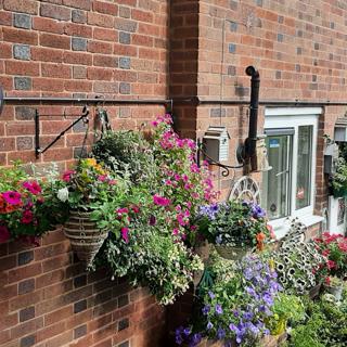 Lots of hanging baskets filled with colourful flowers
