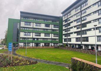A low-rise block of flats with a green facade