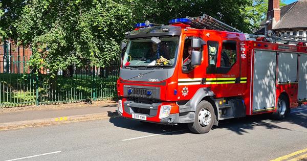 Fire engine arriving at Kilsall Court for fire training exercise