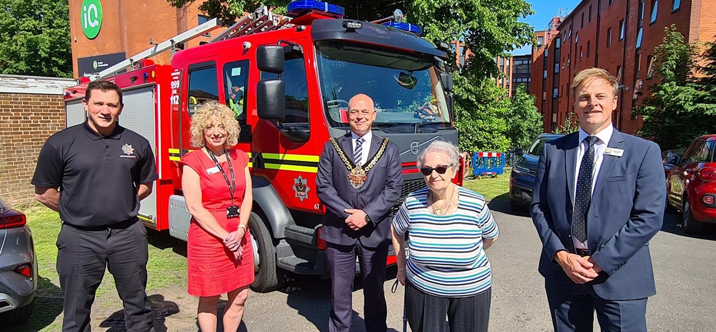 Photo featuring the Mayor of Wolverhampton in front of fire engine